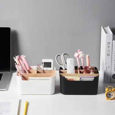 Removable bamboo cosmetic storage basket kitchen miscellaneous items storage basket living room side table desktop wooden plastic storage box - 2