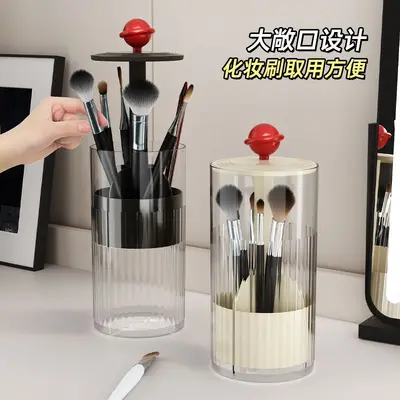 化妆刷收纳桶自动升降梳妆台桌面眉笔眼线笔美妆刷按压收纳盒防尘 - 4