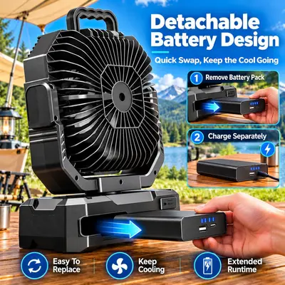 Camping-Ventilator mit Wassertank, Sprühfunktion, Licht und Großakku - 2