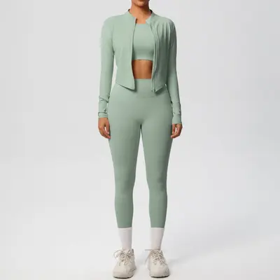 Solid Color Brushed Tight Fitness Jacket Three-Piece Set for Women - 10