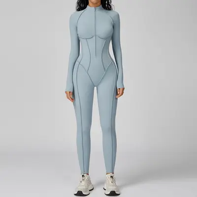 Women's Stand Collar Half-Zip One-Piece Fitness Suit, Vertical Stripes, High-Intensity Tra - 10