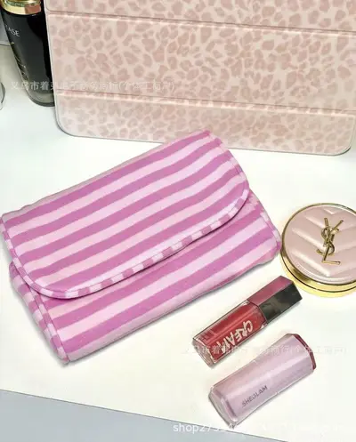 Pink Striped Mirror Cosmetic Bag, Large Capacity, Portable 3D Storage