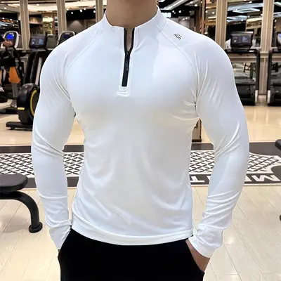 Herren langärmliges Sport-Shirt, schnelltrocknend, Halbreißverschluss
