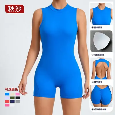 Avrupa-Amerika tarzı sırt dekolteli kolsuz yoga tulum spor fitness çıkarılabilir göğüs pedli şeftali kalça spor tulum pantolon
