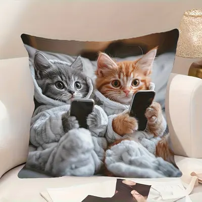 Transsınır TEMU Sıcak Satış Telefon Oynayan Kedi Kedi Yastık Kılıfı Dijital Baskı Süper Yumuşak Ev Kanepe Dekorasyon Yastiğı Kılıfı - 7