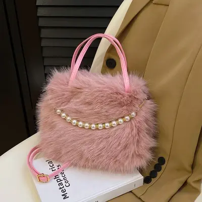 Women's Handbag, Plush and Beaded, Small Square Shoulder Bag - 5