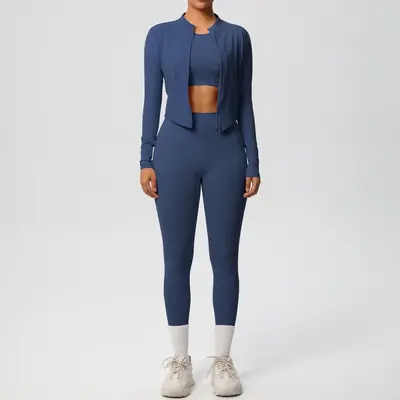 Solid Color Brushed Tight Fitness Jacket Three-Piece Set for Women - 9