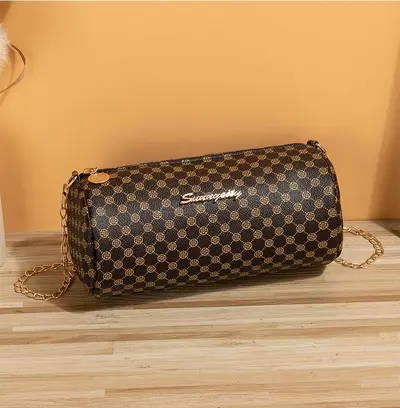 Embroidered Diamond Check Chain Women's Crossbody Bag, Cylinder Shape, 2023 Summer - 11