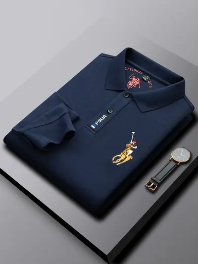 Erkek Nakışlı Pamuklu Uzun Kollu Polo Yaka Tişört, Sonbahar Modeli