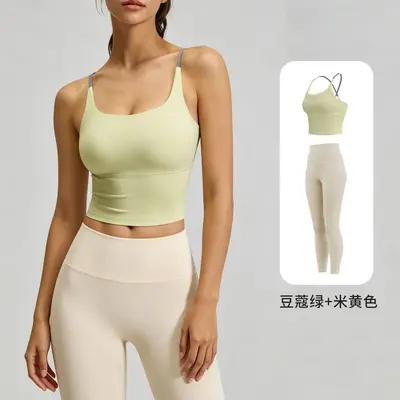 Women's Seamless Open Back Yoga Set, Chest Pad Tank, Quick-Dry - 11