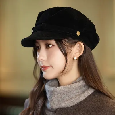Women's Autumn Winter Suede-Look Octagonal Peaked Cap, Retro Style