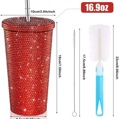 Doppelwandiger Edelstahlbecher mit Trinkhalm, Diamantbeschichtung, Geschenk - 12