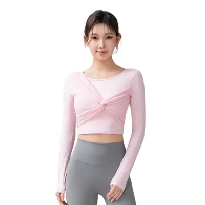 2026春带胸垫瑜伽服上衣女秋冬新款网纱扭结运动长袖跑步 健身衣