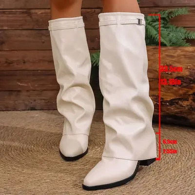 Damen-Modestiefel mit plissiertem Schaft, Blockabsatz, Große Größen - 8