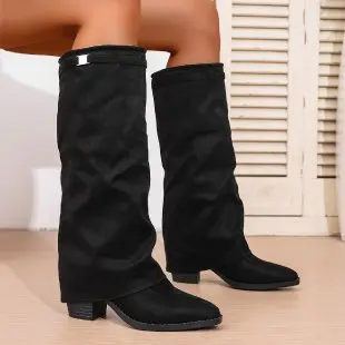 Damen-Modestiefel mit plissiertem Schaft, Blockabsatz, Große Größen - 9