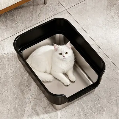 Edelstahl-Katzentoilette, halb geschlossen, extra groß mit hohem Rand