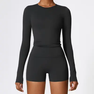 Women's Autumn Winter Long-Sleeve Yoga Set, Brushed Crew Neck Pilates Wear - 11
