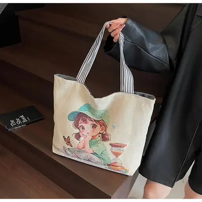 Large Printed Canvas Tote Bag with Single Shoulder Strap for School and Daily Use - 4