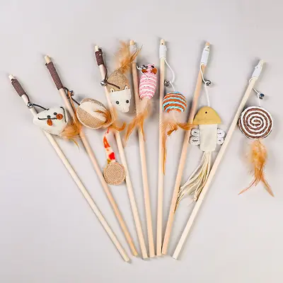 Cat Teaser Wand with Wooden Handle, Sisal Rope, Interactive Mouse Toy - 1