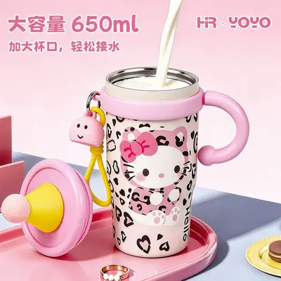 Leopard Print KT Cat Insulated Tumbler with Straw for Girls - 4