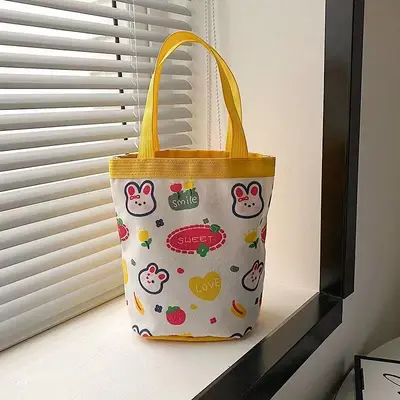 Graffiti Print Canvas Cylindrical Bucket Bag, Korean-Style Lunch Bag - 12