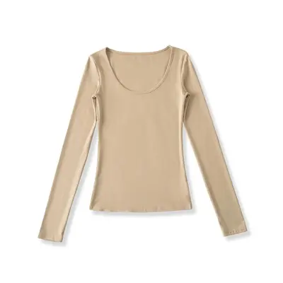 Women's U-Neck Long Sleeve Stretch Base Top, Solid Colour - 11