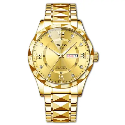 Men's waterproof quartz watch with luminous dial and dual calendar