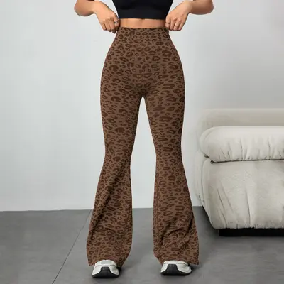 Women's Leopard Print Yoga Micro Flare Pants, High Waist Butt Lift - 7