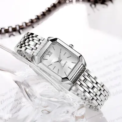Women's square quartz watch, steel strap, illuminated dial - 11