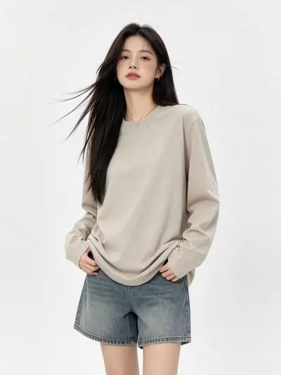 Long Sleeve Women's T-Shirt, White 100% Cotton, Round Neck, Loose Fit - 11