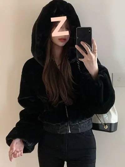 Women's Short Faux Rabbit Fur Hooded Winter Jacket - 4
