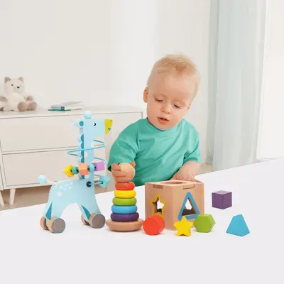 Ahşap erken öğrenme 3'lü set: şekil eşleştirme, gökkuşağı kulesı, boncuk labirenti - 3