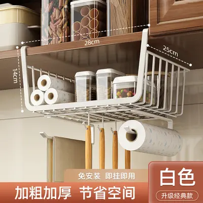 Expandable kitchen storage shelf with hanging basket - 11