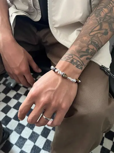 手链男碎银拼接银胆石手串女中式简约复古设计钛钢高级感百搭配饰 - 6
