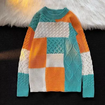 Herren Japan-Stil Strickpullover, Patchwork, Herbst/Winter, locker, Rundhals