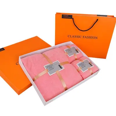 Coral fleece bath towel gift set three-piece orange box