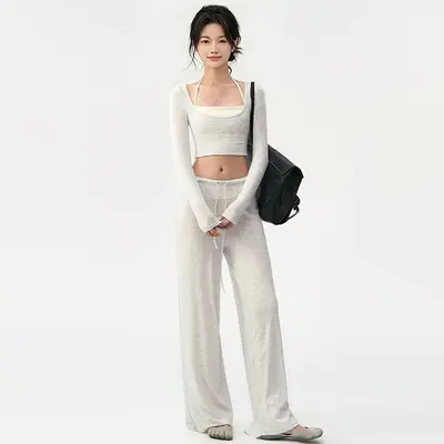 Damen-Yogahose mit weitem Bein und Langarm-Sportset - 11