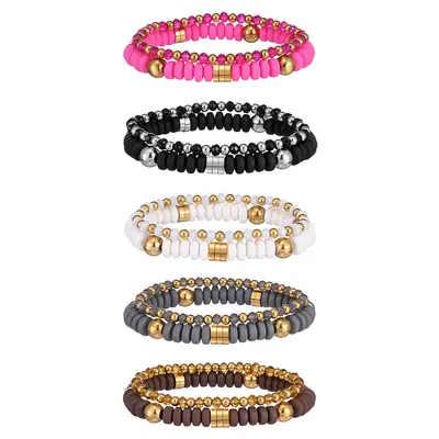 Polymer Clay Stretch Bracelet Set with Stainless Steel Spacers, Colorfast