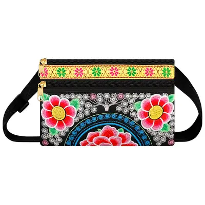Ethnic Embroidered Women's Crossbody Phone Bag, Three-Layer Large Capacity - 6