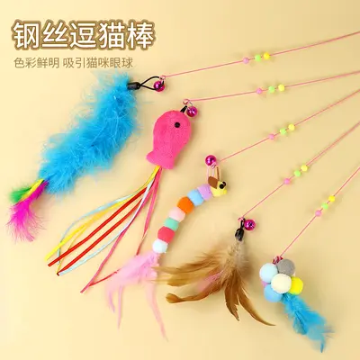 Cat teaser wand toy with two-color feathers, high durability, 6 pcs - 5