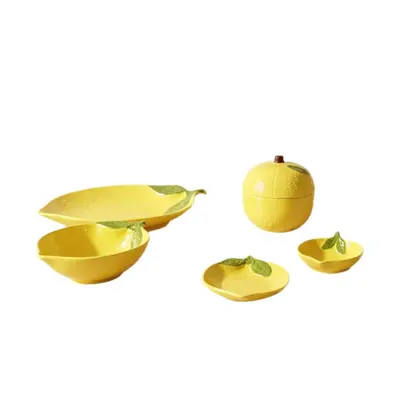 Zitronenförmige Keramikschale mit Deckel, Salatschüssel und Dessertteller