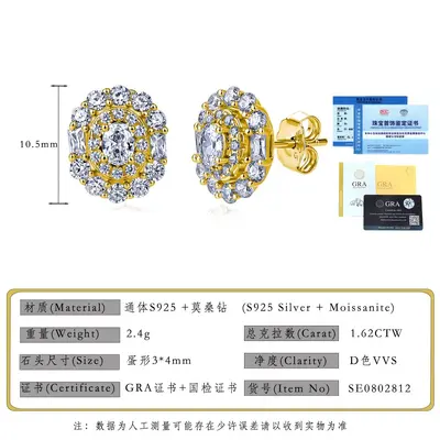 S925 Sterling Silver Moissanite Stud Earrings, Retro Round, Full-Set