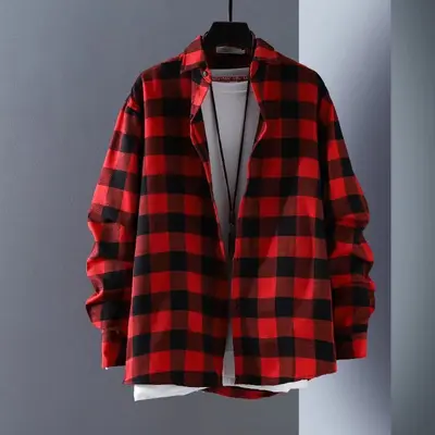 Men's Long-Sleeve Black and White Plaid Shirt, Retro Hong Kong Style, Loose Fit - 10