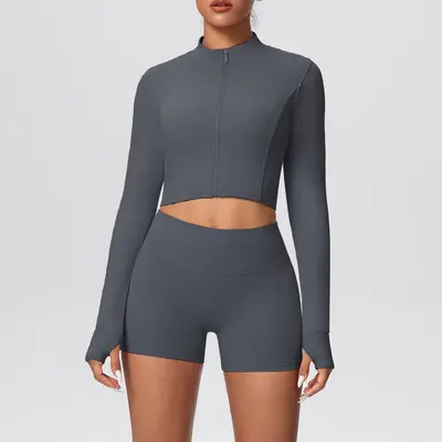 Solid Color Two-Piece Short Jacket Set, Tight-Fit Yoga and Running Wear - 12