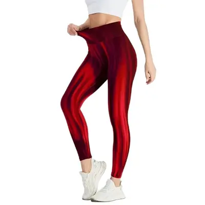 Yoga Pantolonu Kırmızı Gradyan Dikey Çizgili Yüksek Bel, Vücut Hatlı Kadın Fitness Pantolo