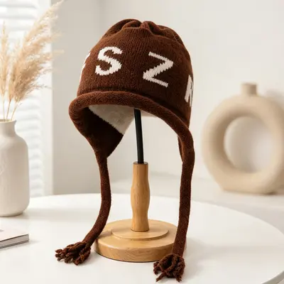 Letter-Design Knit Hat for Women, Windproof with Tassel and Ear Protection - 9