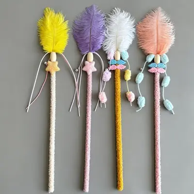 Ostrich Feather Cat Teaser Wand with Plush Wooden Stick - 4