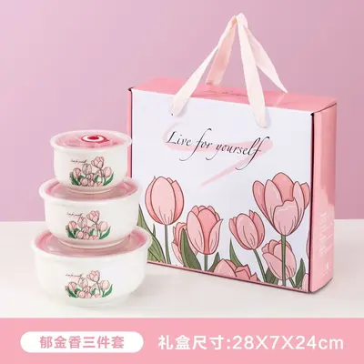 Three-piece ceramic fresh-keeping bowl set, sealed bowl, gift bowl set, gift box, wedding sales, wholesale custom LOGO printing - 7