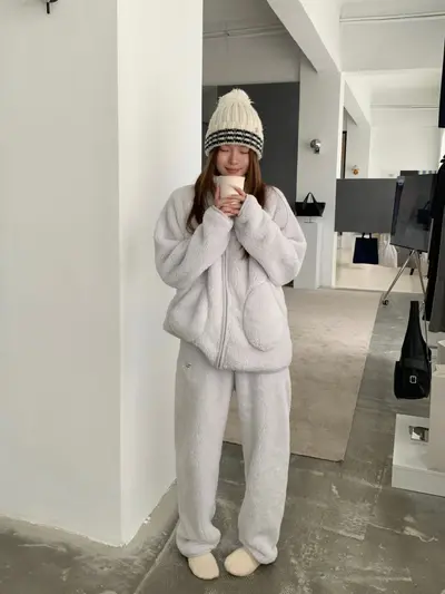 Women's Thick Plush Pajama Set, Zip Cardigan, Two-Piece - 8