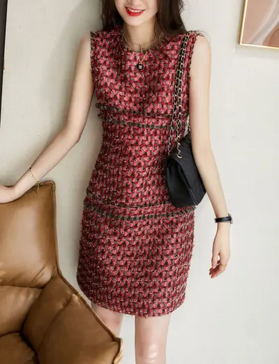 Elegant Premium Tweed Dress with Fringed Trim